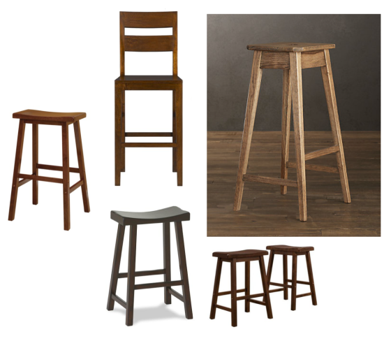 Wood counter stools. Clockwise from left. Target Saddle Seat Walnut $49.99. Crate and Barrel Basque Counter Stool $259. Restoration Hardware Oak Counter Stool $99. Target Walnut Scoop Stools $129/pair. Pottery Barn Tibetan Bar Stool $99. 