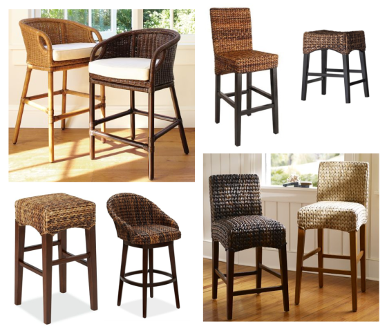 Natural fiber counter stools. Clockwise from top left. Pottery Barn Wingate Rattan $299. Target Andres Counter Stool $159.99. Target Andres Saddle Stool $79.99. Pottery Barn Seagrass Barstool $129. Pottery Barn Seagrass Bucket Swivel Stool $279. Pottery Barn Seagrass Backless Barstool $129. 